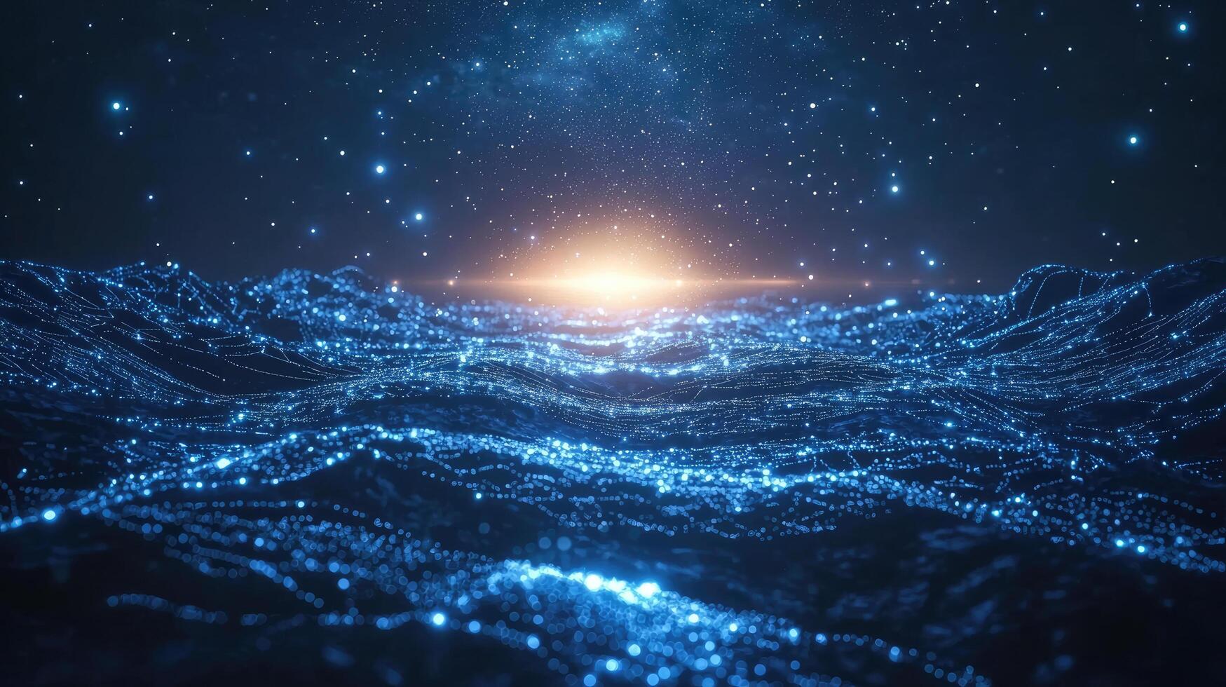 Cosmic Ocean Waves of Light Celestial Abstract Landscape with Starry Sky and Galaxy Illumination photo