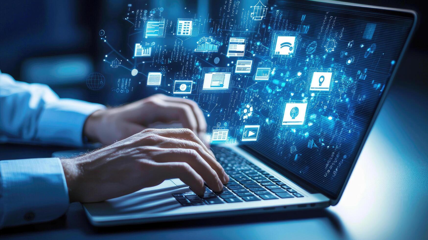 Data Flow Visualization Laptop with Information Stream Display, Connecting Concepts and Ideas, Innovative Technology and Modern Connectivity. photo