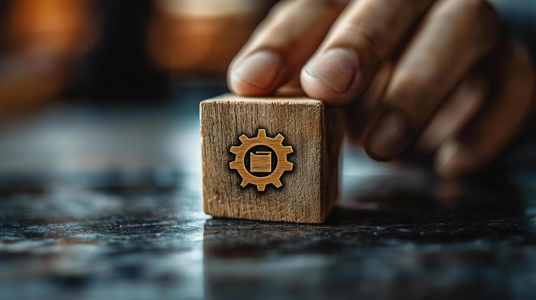 Data Management Automation Wooden Block with Cogwheel Icon and Hand on Dark Textured Surface for SEO photo
