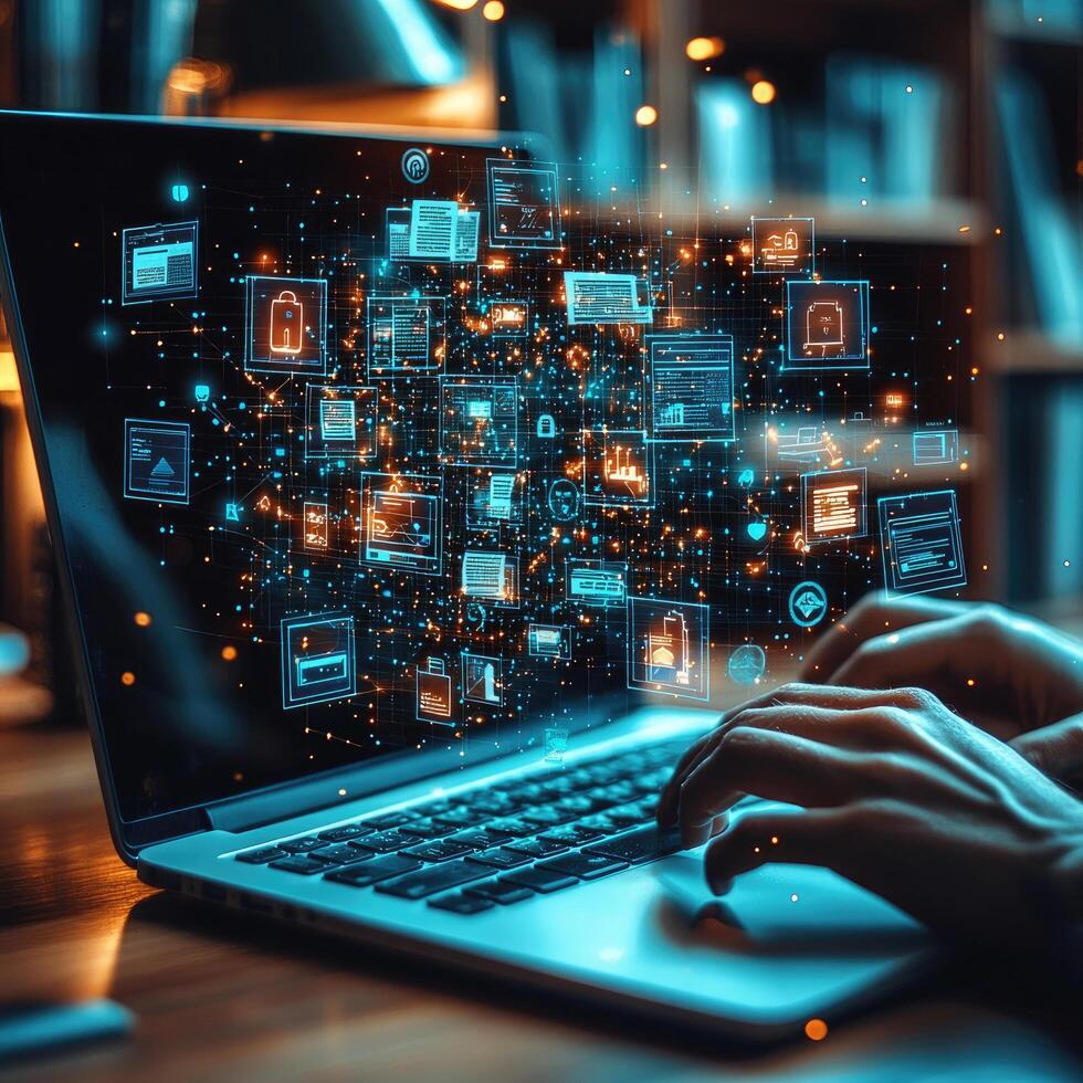 Data Network Connection On Laptop Keyboard Cybersecurity, Global Communication, Artificial Intelligence, and Virtual Technology Concept. photo