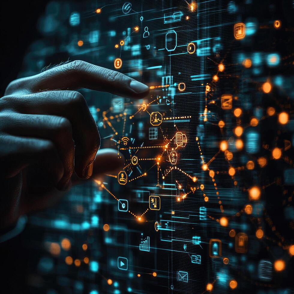 Data Network with Finger Touchscreen Interface, Futuristic Technology Connection Concept, OrangeBlue Data Flow, Human Interaction photo