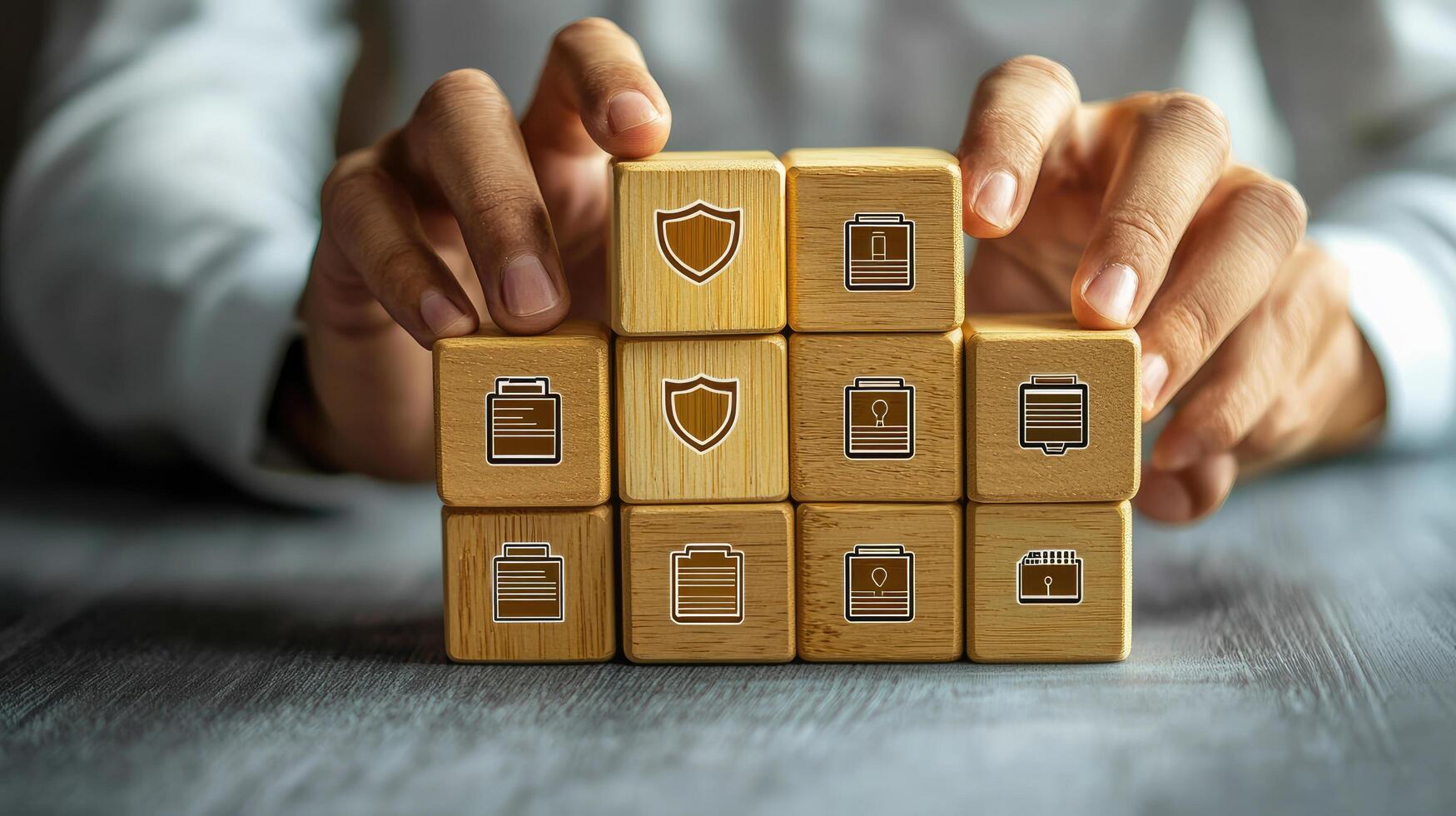 Data Protection and Cybersecurity Concept with Wooden Blocks Representing Digital Security Shields and Storage. photo