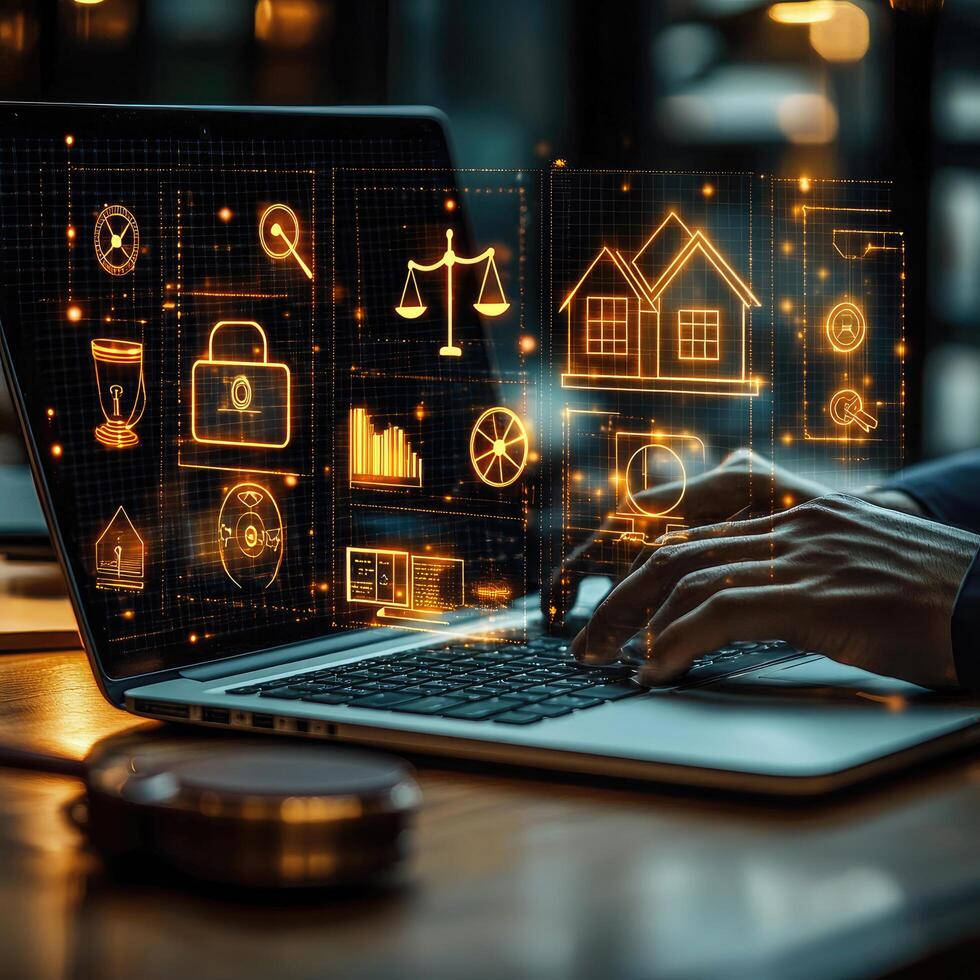 Digital Business Transformation Man Typing on Laptop with Glowing Data Icons Overlay, Finance, Security, Real Estate photo