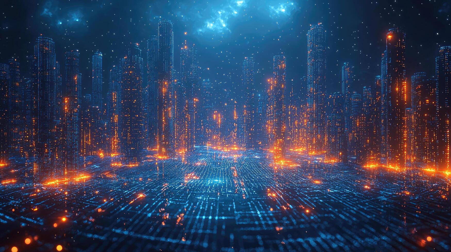 Digital Cityscape at Night Futuristic Skyline with Glowing Lights and Network Connectivity for Technology Concept photo