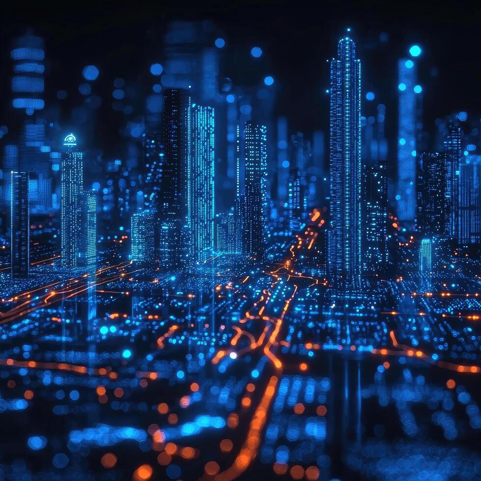 Digital Cityscape at Night Futuristic Urban Landscape with Glowing Networks and HighTech Architecture, Modern Abstract Art photo