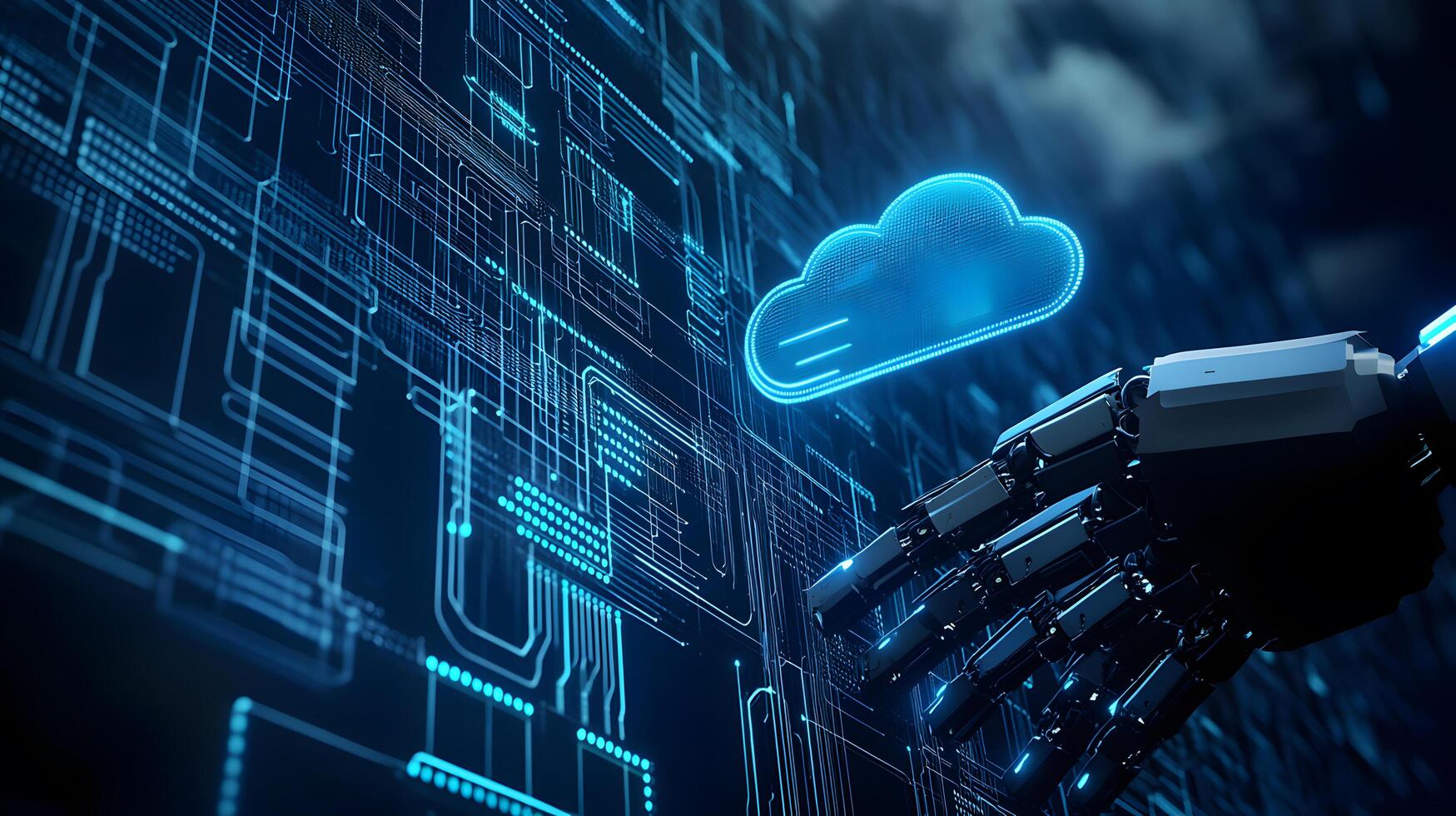 Digital Cloud Computing Hand Connection Futuristic Tech Network, Robotic Arm, Data Storage, Cybersecurity Concept photo