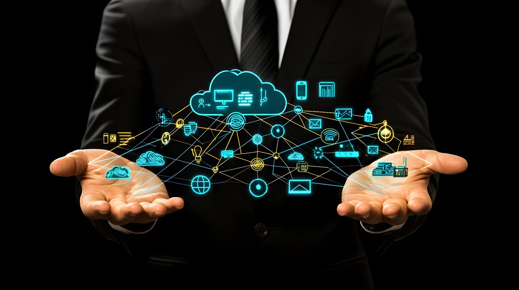 Digital Cloud Computing Network Displayed on Open Hands, Representing Global Connections, Technology Solutions, and Data Management. photo