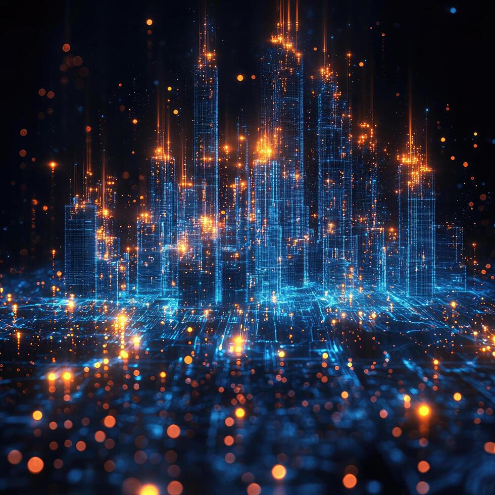 Digital Cityscape with Glowing Networks, Futuristic Data Flow, and Abstract Urban Skyline in Cyberspace photo