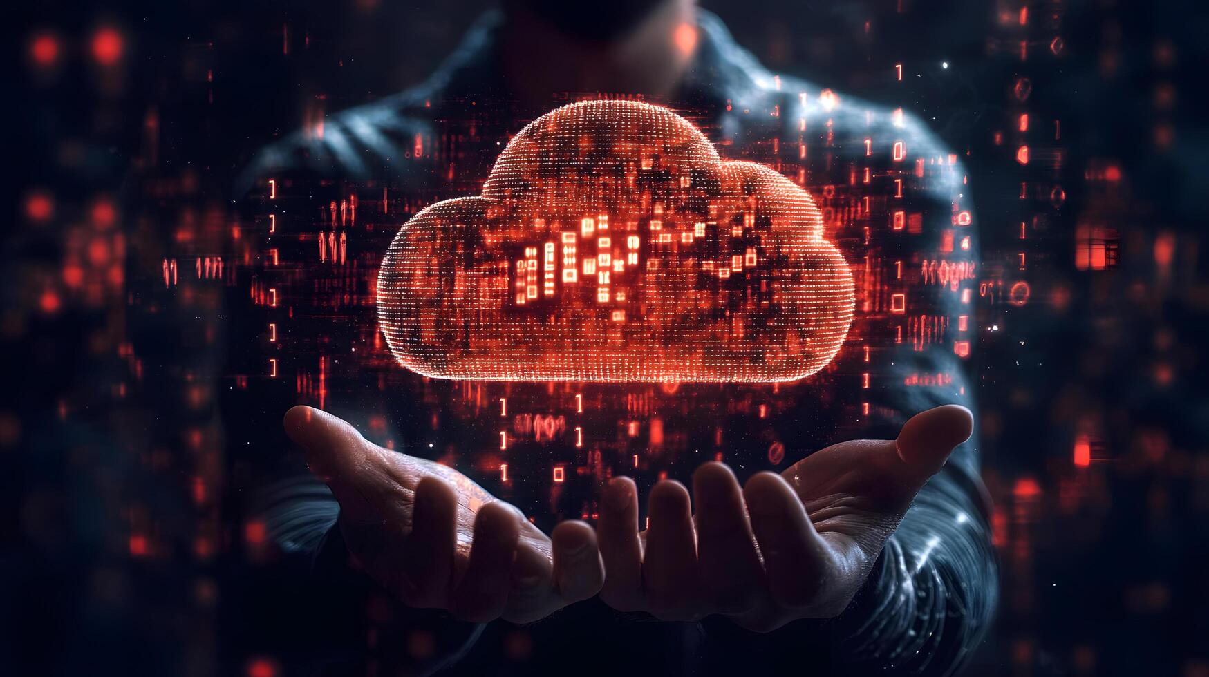 Digital Cloud in Hands Data Network and Connectivity Concept with Binary Code Overlay for Modern Technology photo