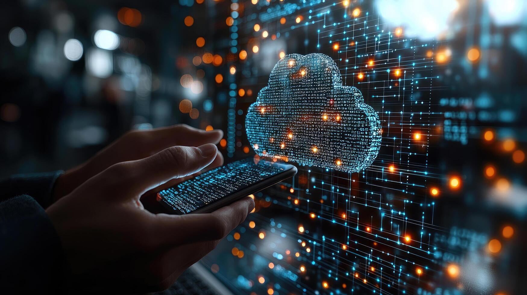 Digital Cloud Technology Connection Person Using Smartphone Accessing Secure Cloud Data and Network Connectivity Solution photo