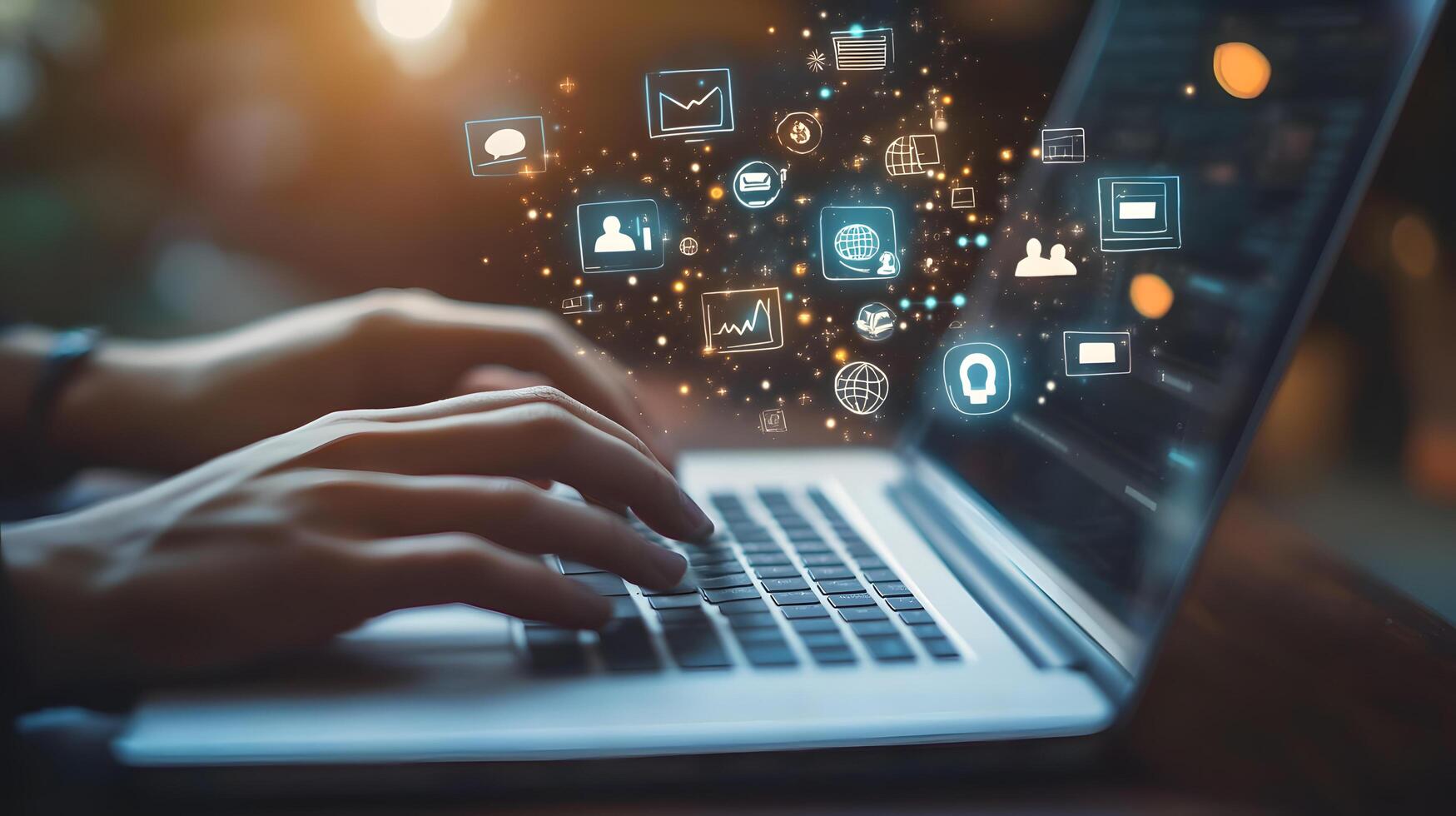 Digital Era CloseUp of Hands Typing on Laptop with Futuristic Network Icons Overlay, Connectivity and Modern Technology photo
