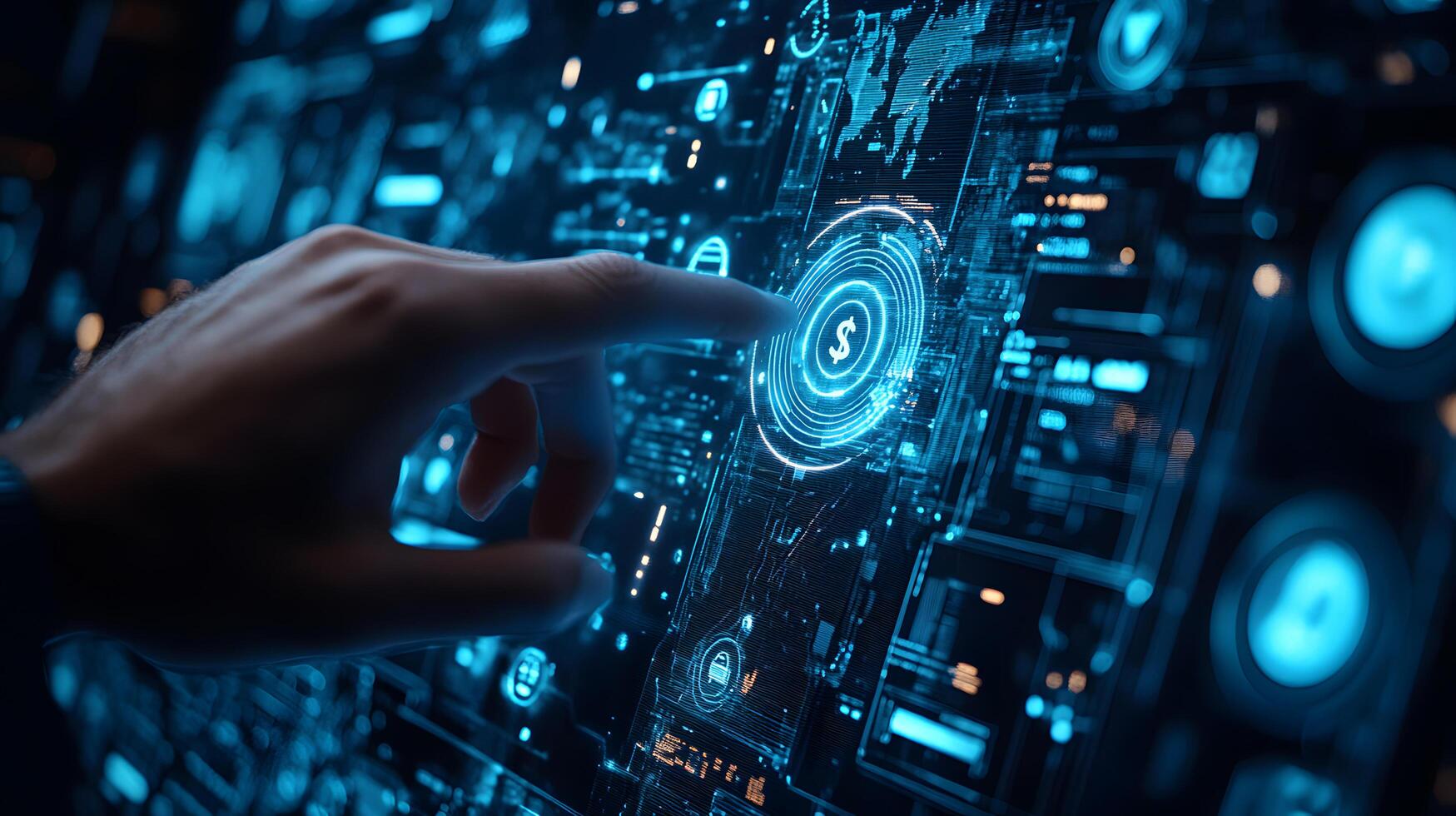 Digital Finance Interface Finger Activating Virtual Dollar, Global Fintech Banking System, Online Currency Exchange, Blockchain Technology photo