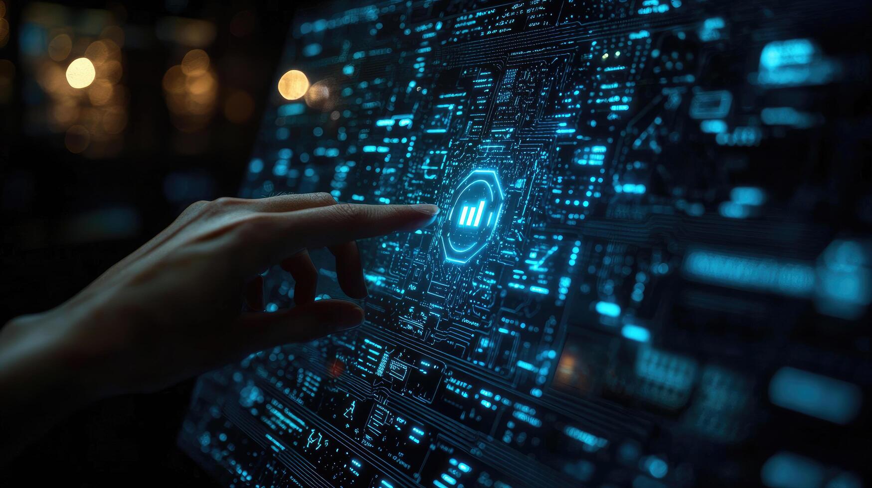 Digital Finance Management Finger Tapping Glowing Bar Chart on Tech Interface, Analytics, Data Visualization, and Futuristic Investment. photo