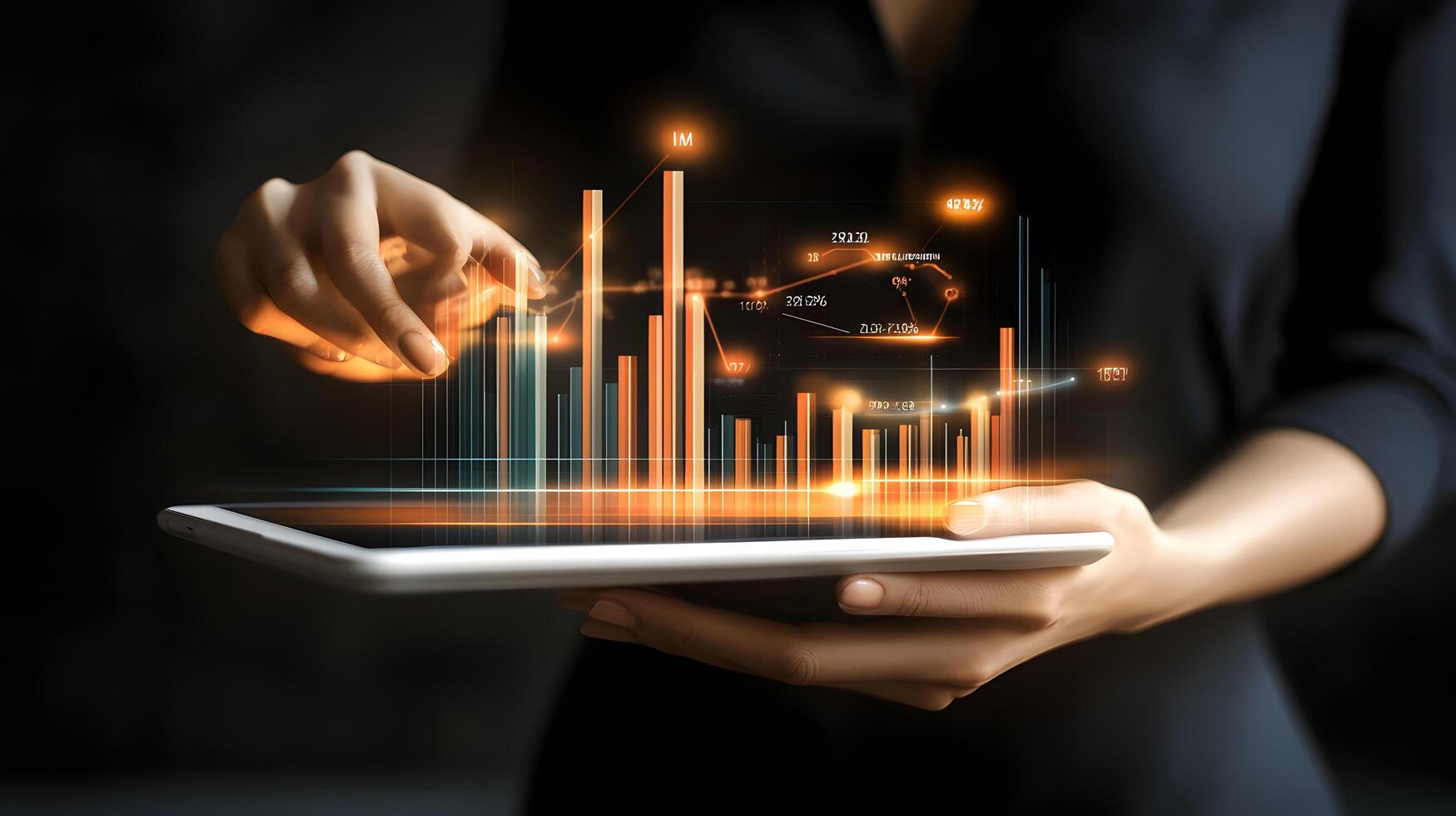 Digital Financial Data Analysis on Tablet Displayed by Woman, Investment Strategy and Market Trends Chart, Modern Technology photo