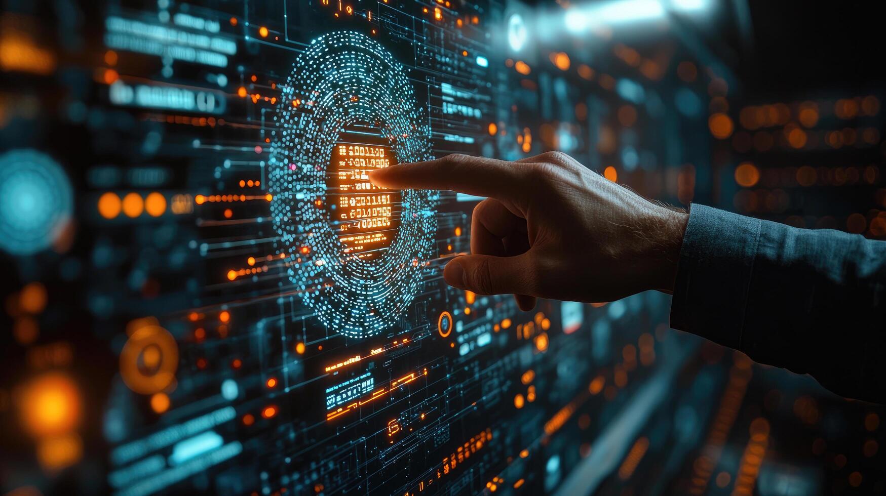 Digital Fingerprint Scan Futuristic Biometric Authentication Technology with Binary Code for Cybersecurity and Secure Access photo