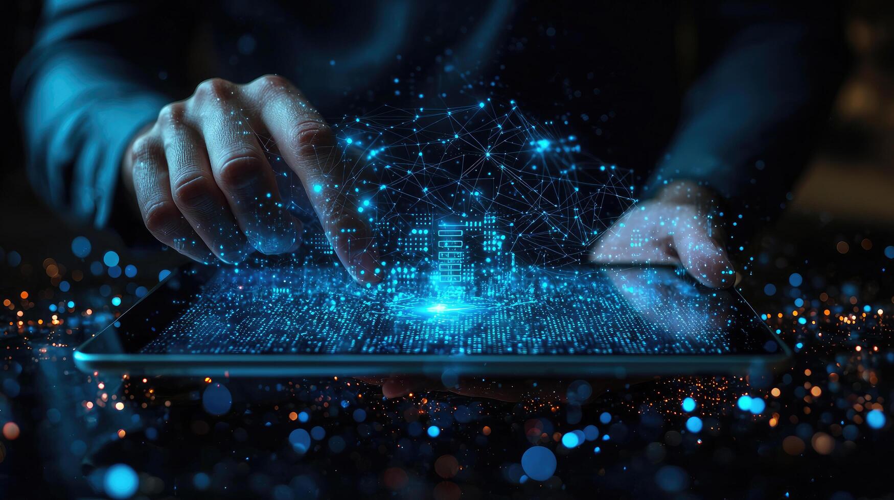 Digital Interaction Person Interacting with Holographic Interface on a Tablet, Emphasizing Connection and Technology photo