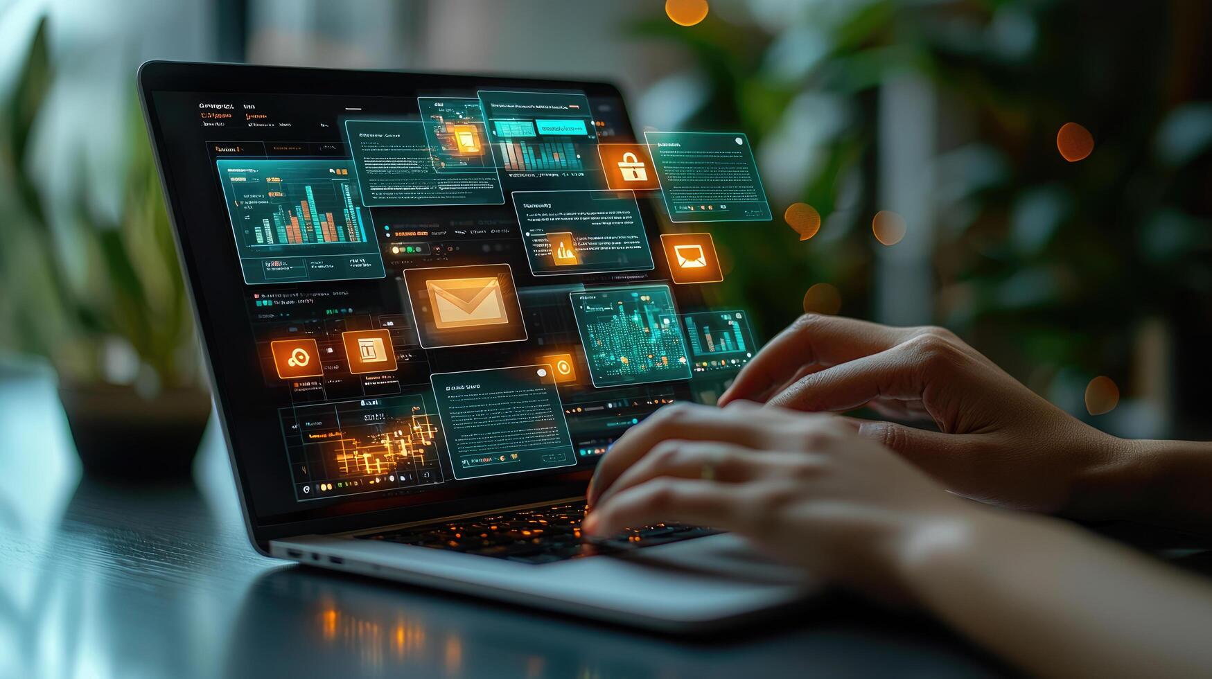 Digital Interface Displayed on Laptop Screen with User Hands Typing, Emphasizing Technology and Connectivity photo