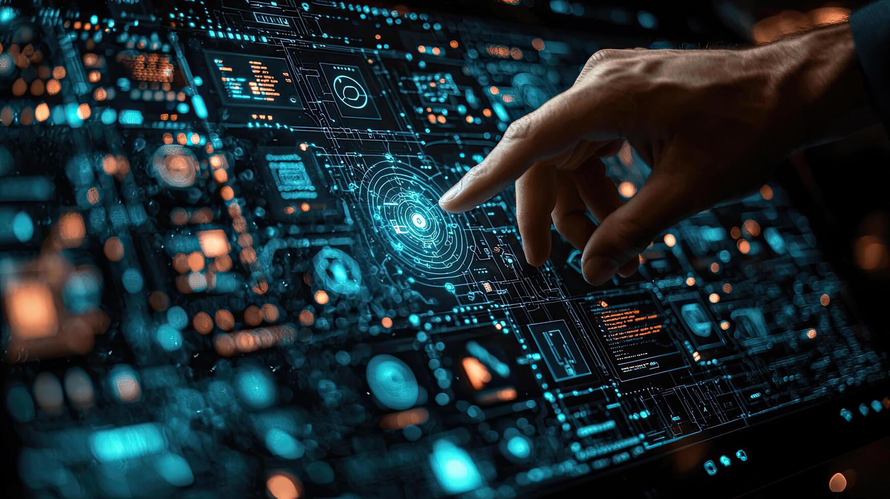 Digital Interface Interaction Hand Touching Holographic Display with Futuristic HUD Elements, Data Visualization and Technology Concept photo