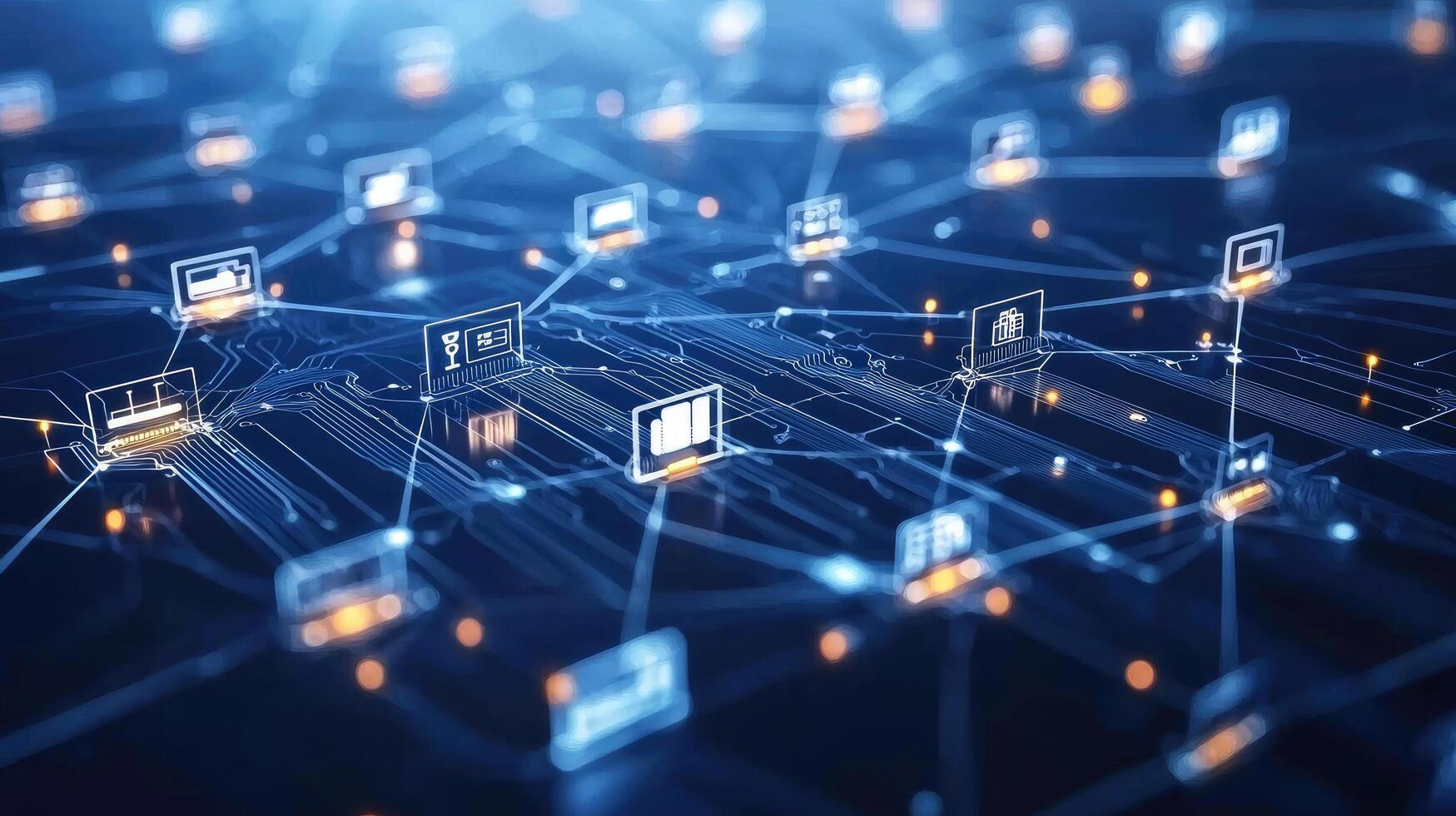 Digital Network Connectivity Abstract Circuit Board with Laptop Icons for Global Communication and Data Flow photo