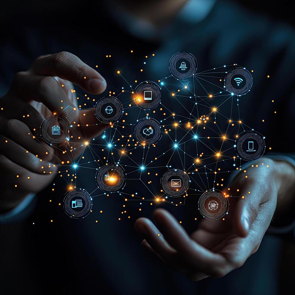 Digital Network in Hands Abstract Tech Connections, Data Cloud, IoT, Global Communication Concept photo
