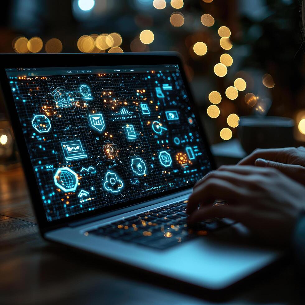 Digital Networking Person Typing on Laptop Displaying Glowing Data Icons in Warm, BokehLit Environment photo