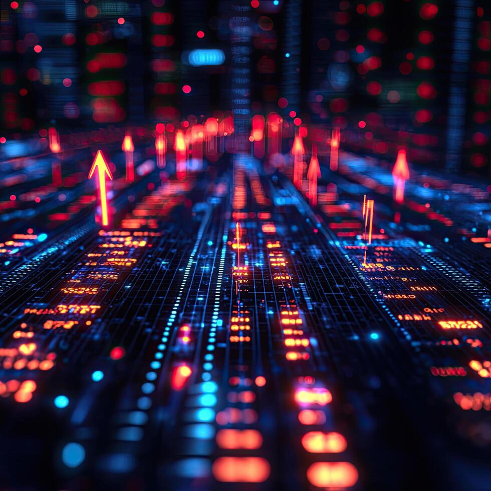 Digital Network with Red Arrows Rising Data Flow, Technology Trends, Business Growth Concept photo