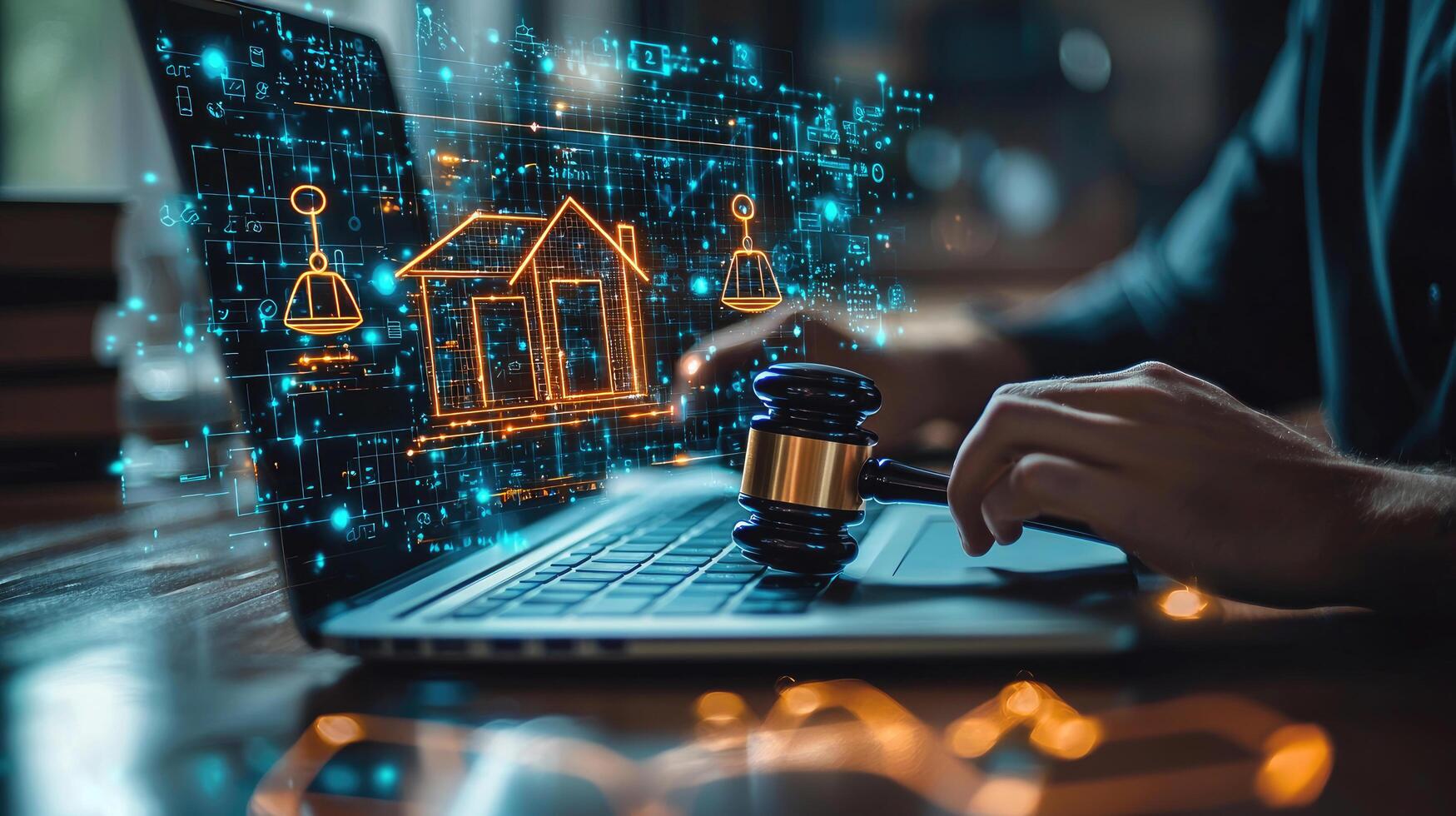 Digital Real Estate Law Concept Gavel on Laptop Displaying House Icon and Network Connections photo