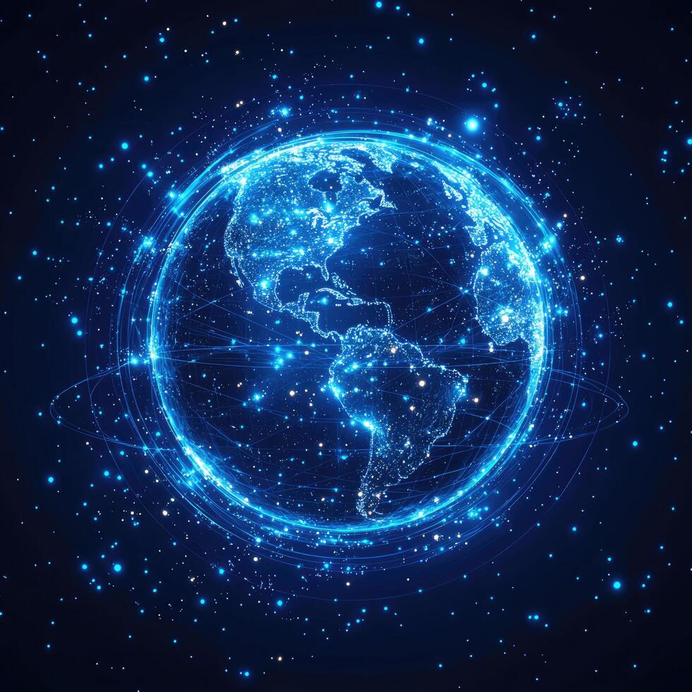 Digital World Globe with Connected Network, Data Streams and Blue Particle Design on Dark Background photo