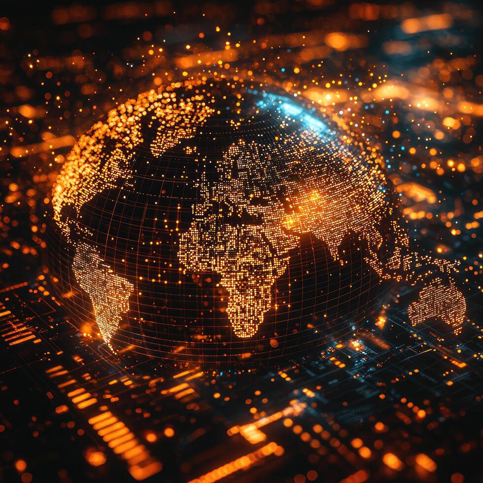 Digital World Globe with Circuit Board Texture Glowing in Orange and Blue Lights on a Dark Background photo