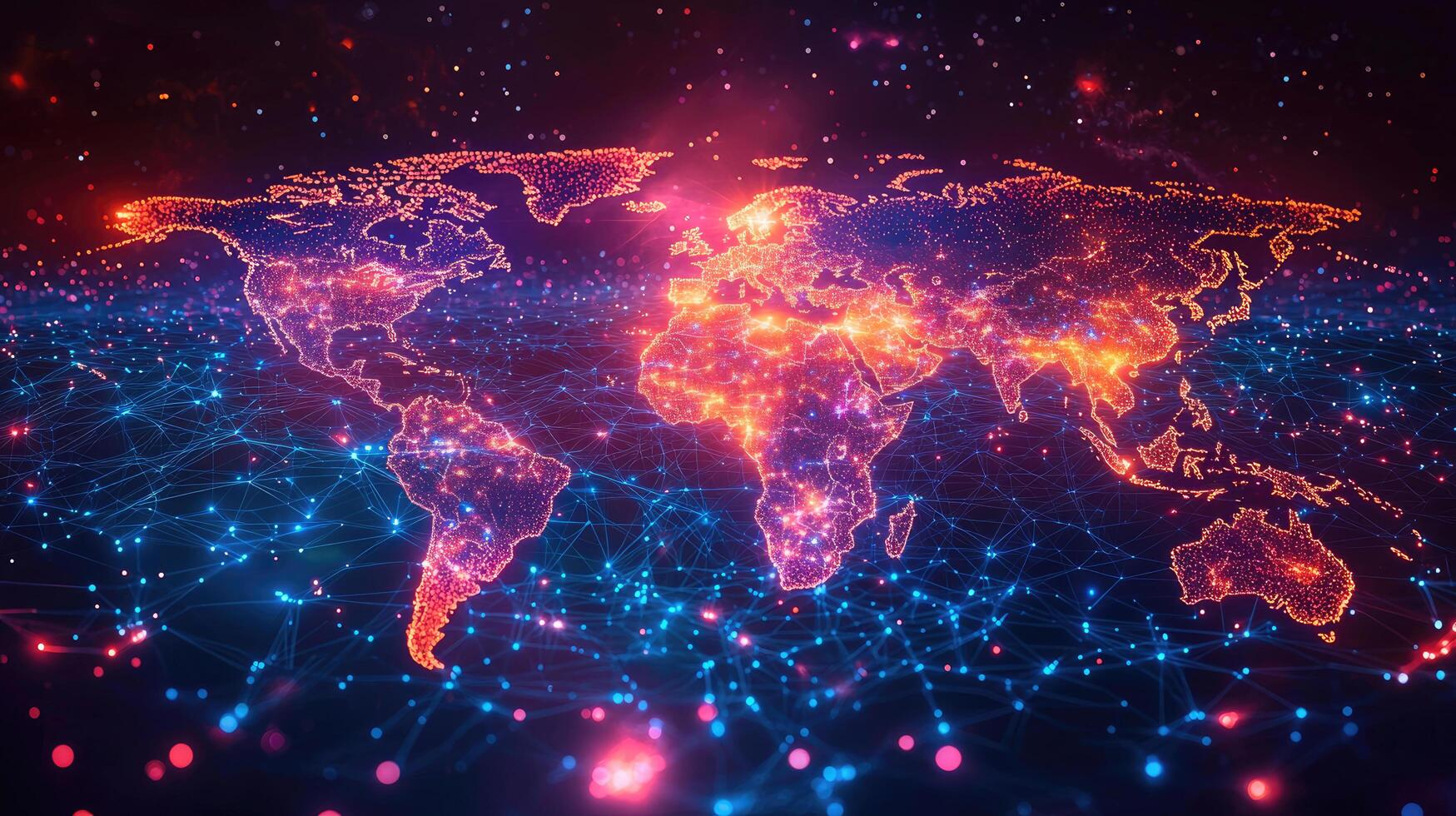 Digital World Map with Glowing Networks and Connections in Red, Blue, and Black Hues photo