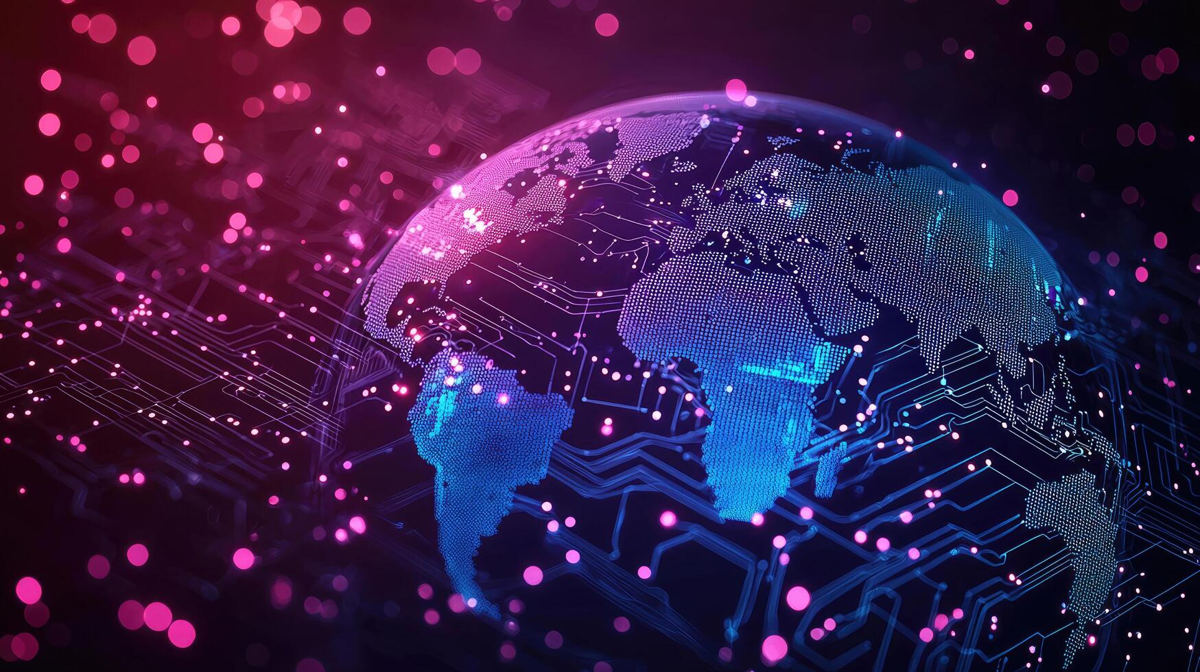 Digital World Network Circuit Board Earth with Glowing Pink Bokeh Background for Technology Concepts photo