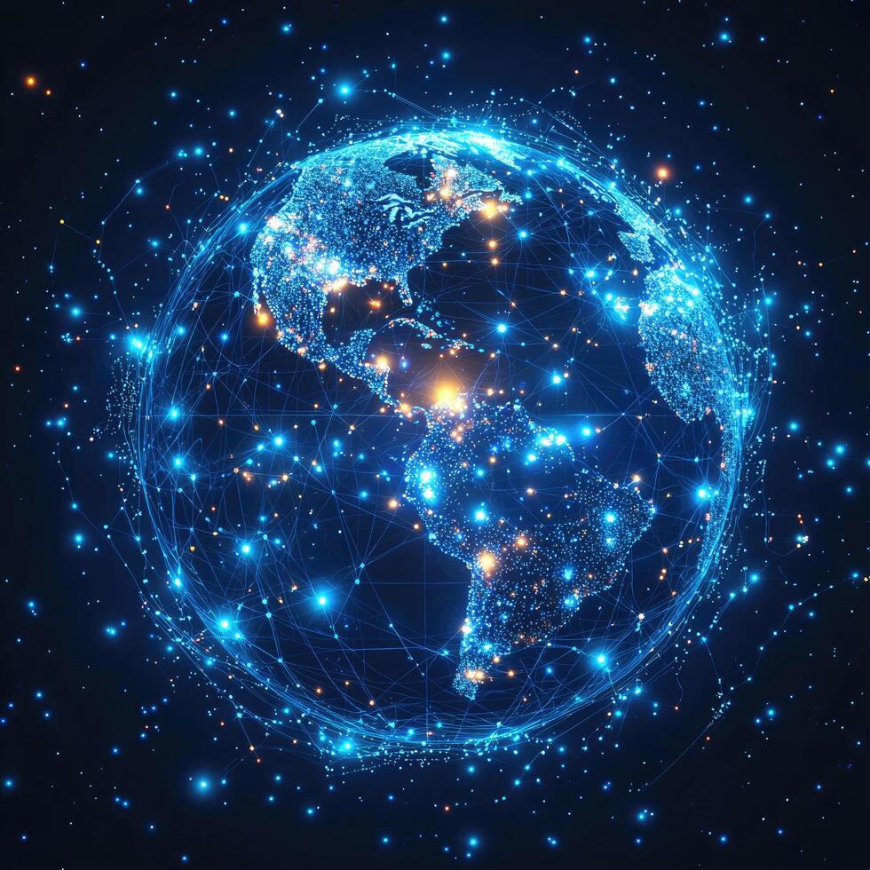 Digital World Network Global Connectivity with Luminous Nodes, Data Streams and Futuristic Communication on Dark Background photo