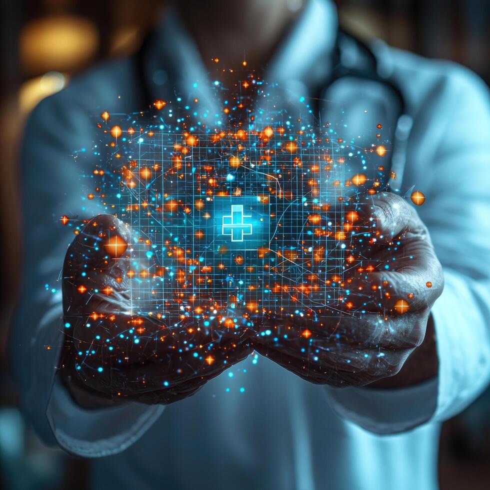 Doctor Holding Futuristic Medical Data Matrix With Glowing Particles and Grid Lines, Health Technology Concept photo