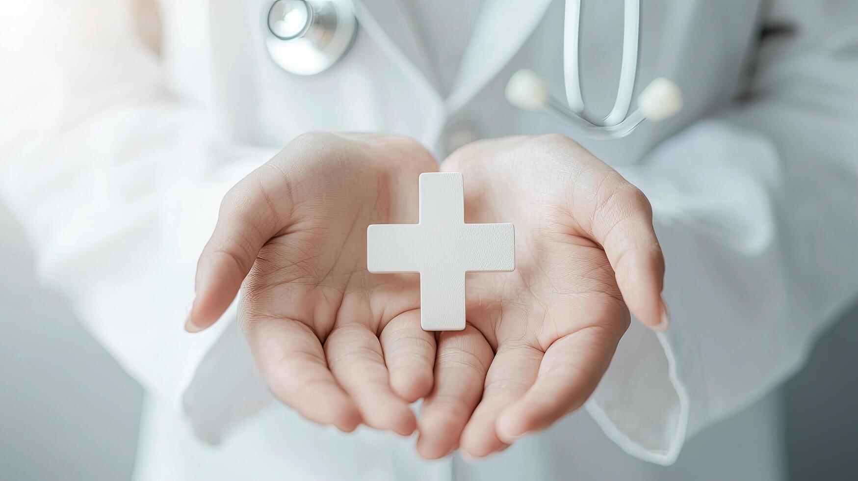 Doctor's Hands Holding Medical Cross Symbolizing Healthcare and Healing, Wearing White Coat and Stethoscope, Professional and Caring. photo