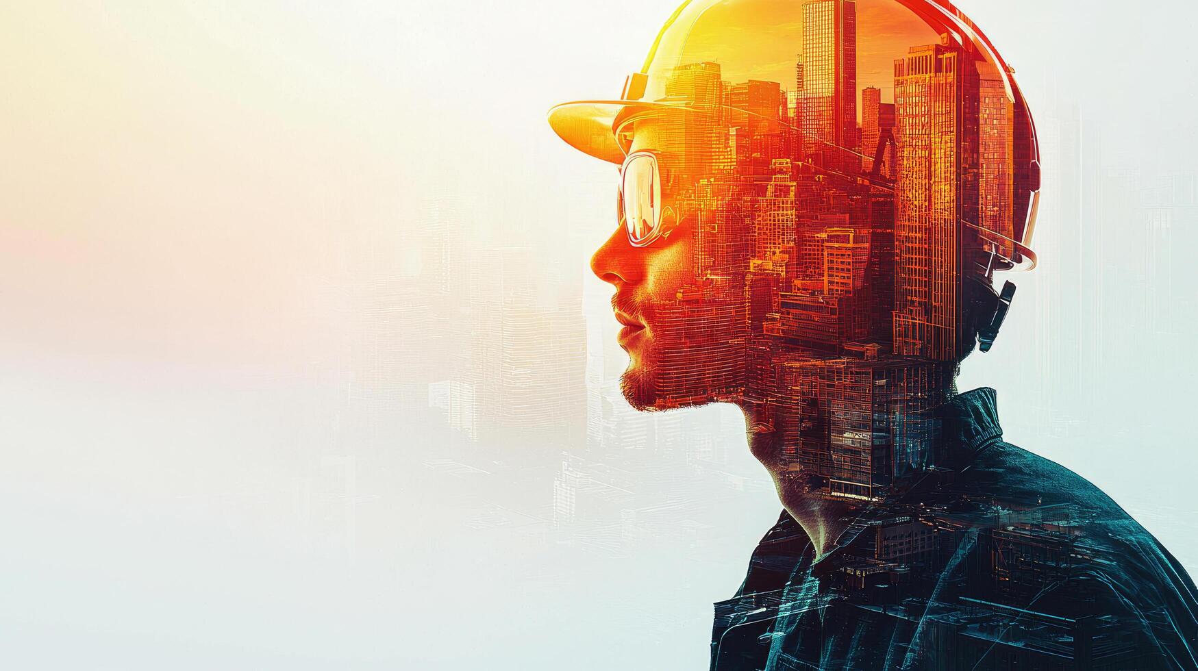 Double Exposure of Construction Worker with Cityscape and Building, Modern Architecture and Development Concept photo