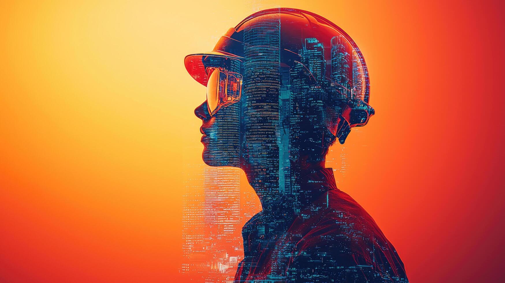 Double Exposure of Engineer Silhouette and Cityscape Modern Construction, Future Tech, and Urban Development photo