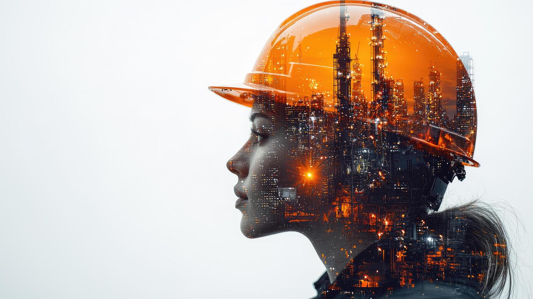 Double Exposure of Engineer with Hard Hat and Industrial Cityscape on White Background, Safety and Progress. photo