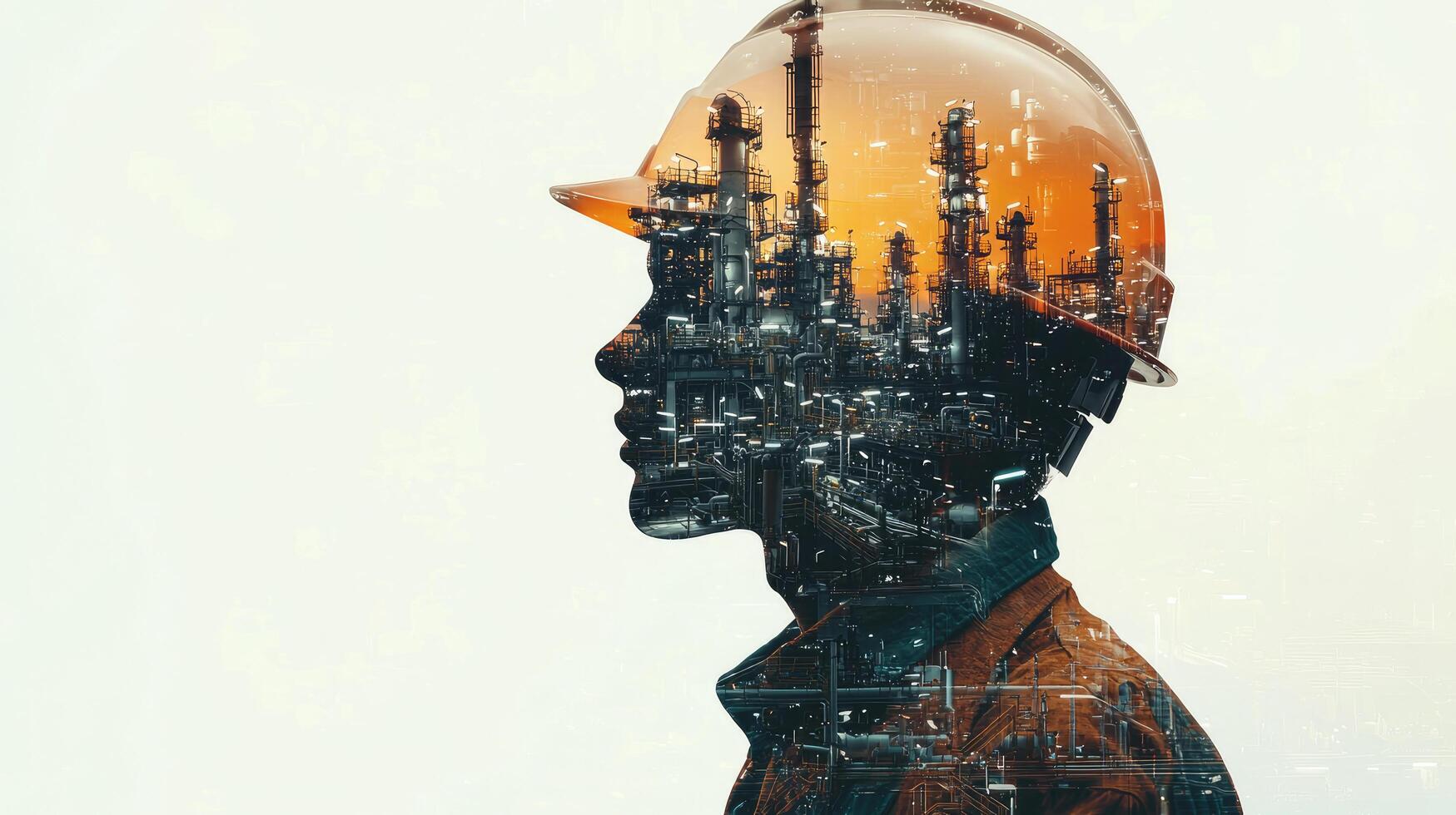 Double Exposure of Oil Refinery and Silhouette of Worker Wearing Hard Hat, Representing Industry and Safety photo