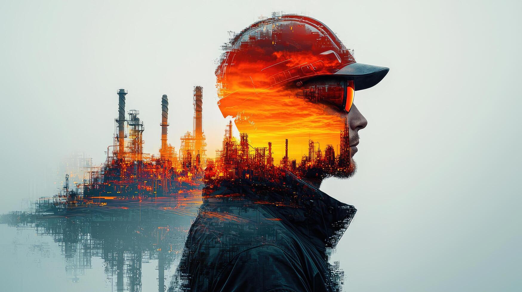 Double Exposure Portrait Oil Refinery Worker with Hardhat and Industrial Landscape, Sunset Silhouette, Engineering, and Safety. photo