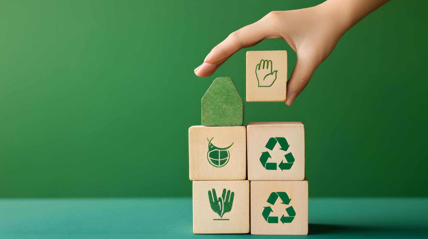 EcoFriendly Future Building Sustainability with Wooden Blocks and Hand on Green Background, Sustainable Development Concept photo