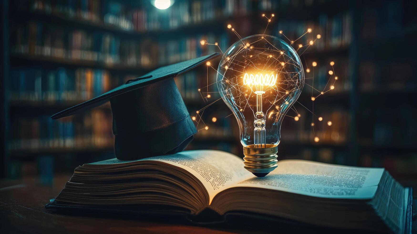 Education and Innovation Concept Light Bulb, Mortarboard, and Open Book in Library Setting photo