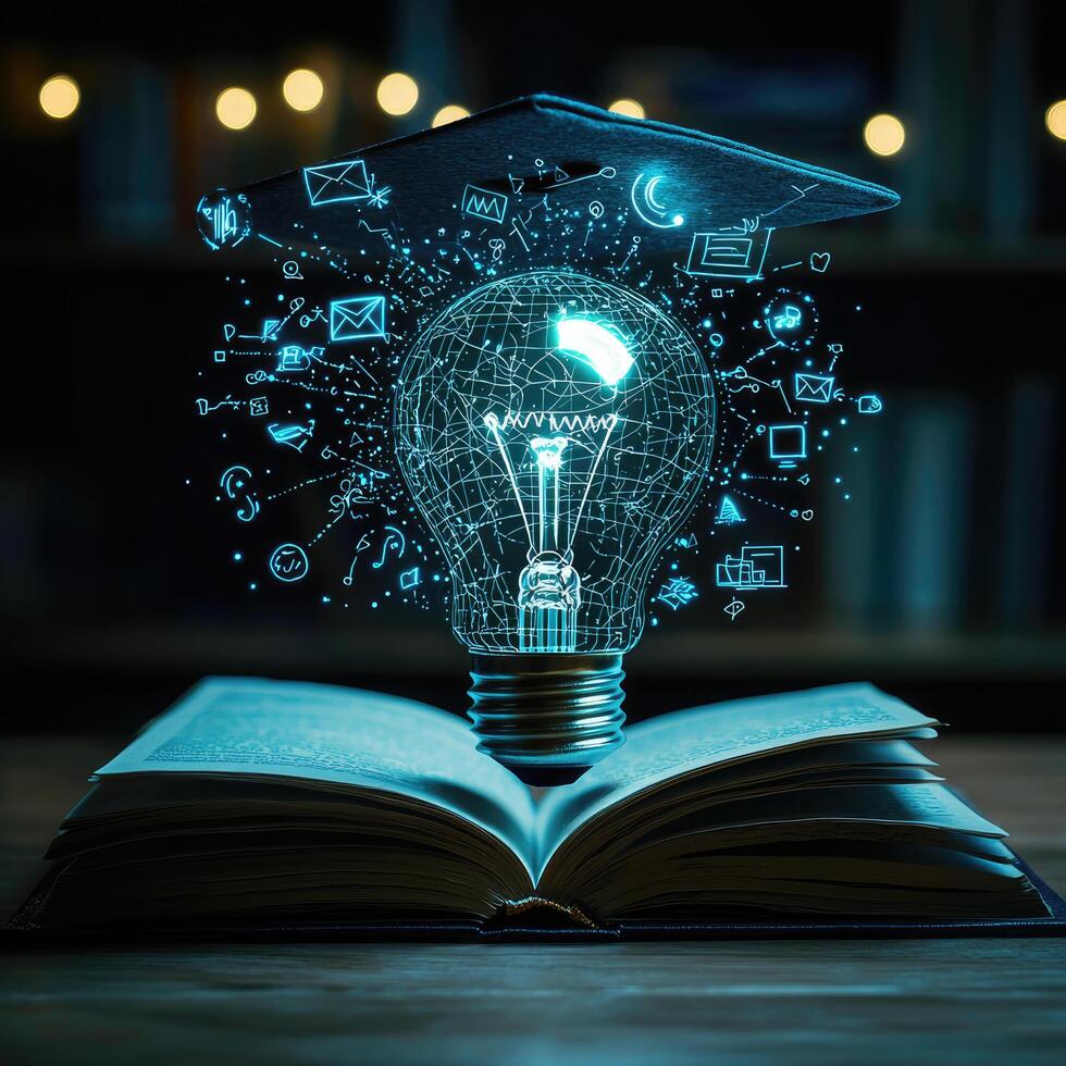 Education and Innovation Concept Digital Lightbulb Above Open Book with Mortarboard and Glowing Icons. photo