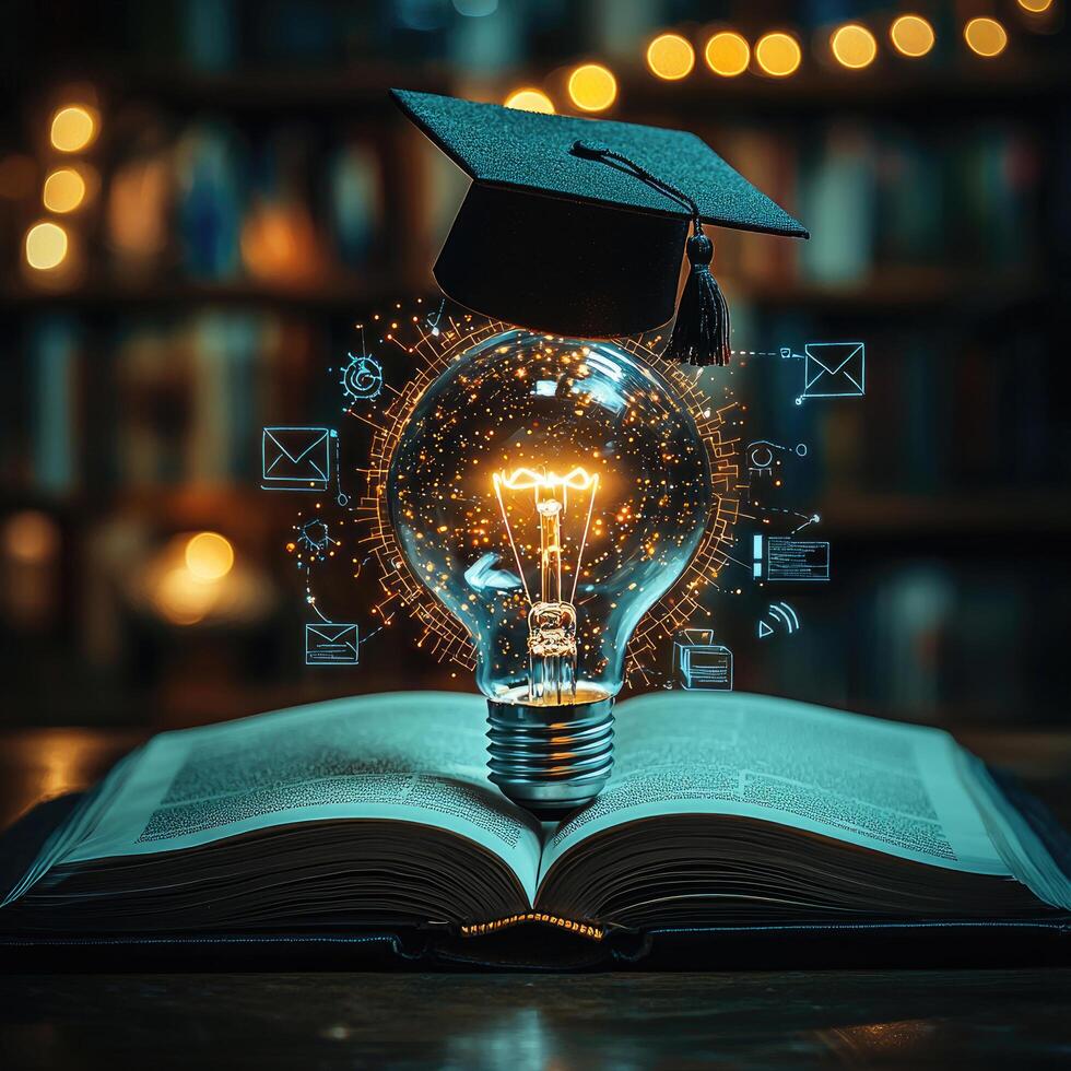 Education and Innovation Graduation Cap on Light Bulb with Tech Icons Resting on an Open Book photo