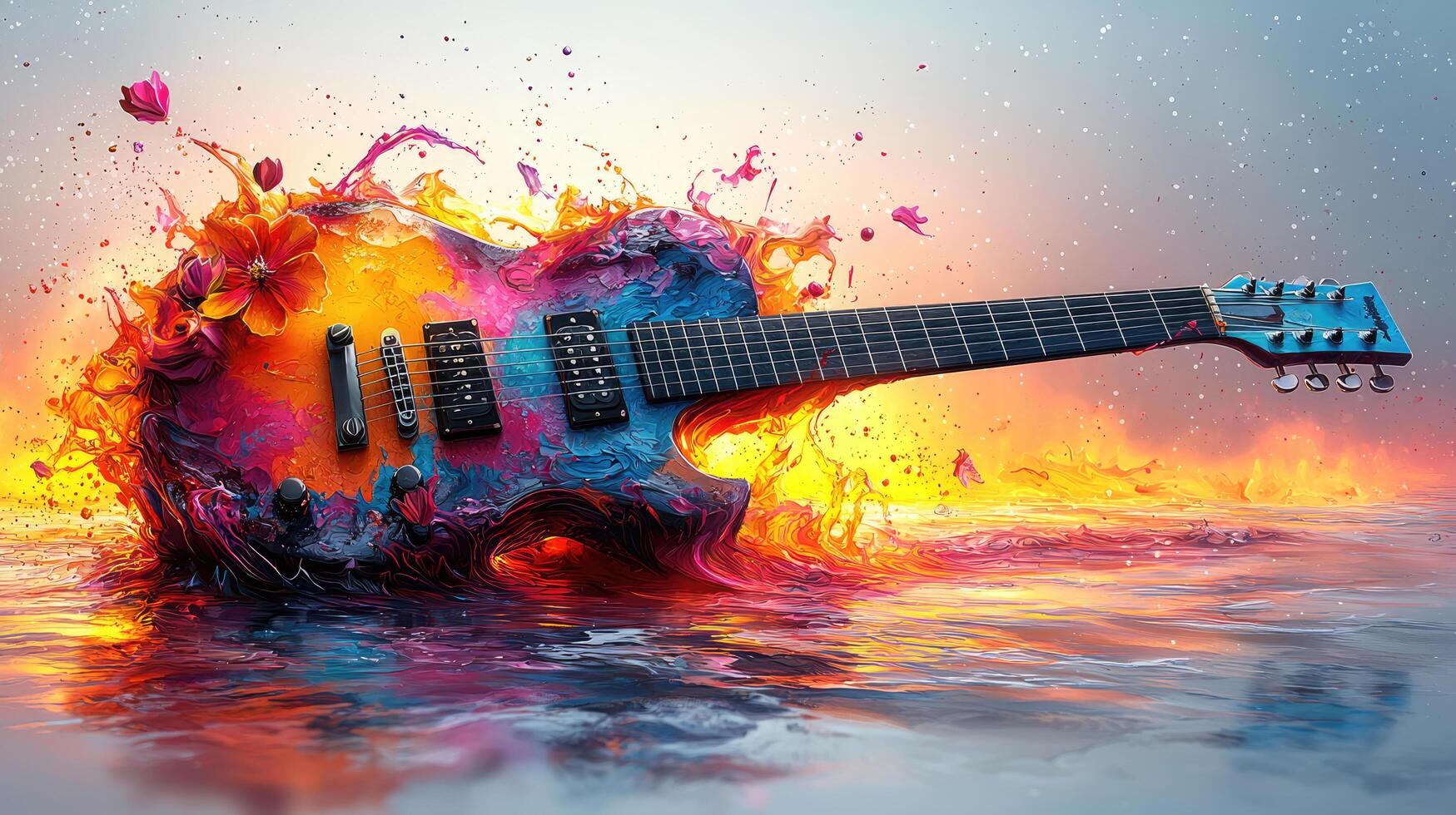 Electric Guitar Music Bursting with Colors Abstract Musical Instrument Art on Water Surface, Creative Expression. photo