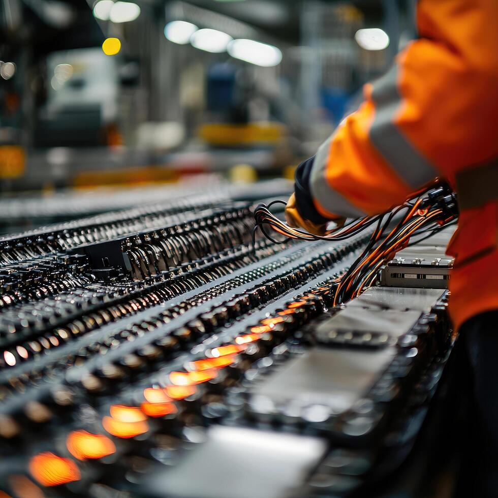 Electronics Assembly Line Technician Working on Circuit Boards with Cables and Safety Gear in Factory Setting. photo