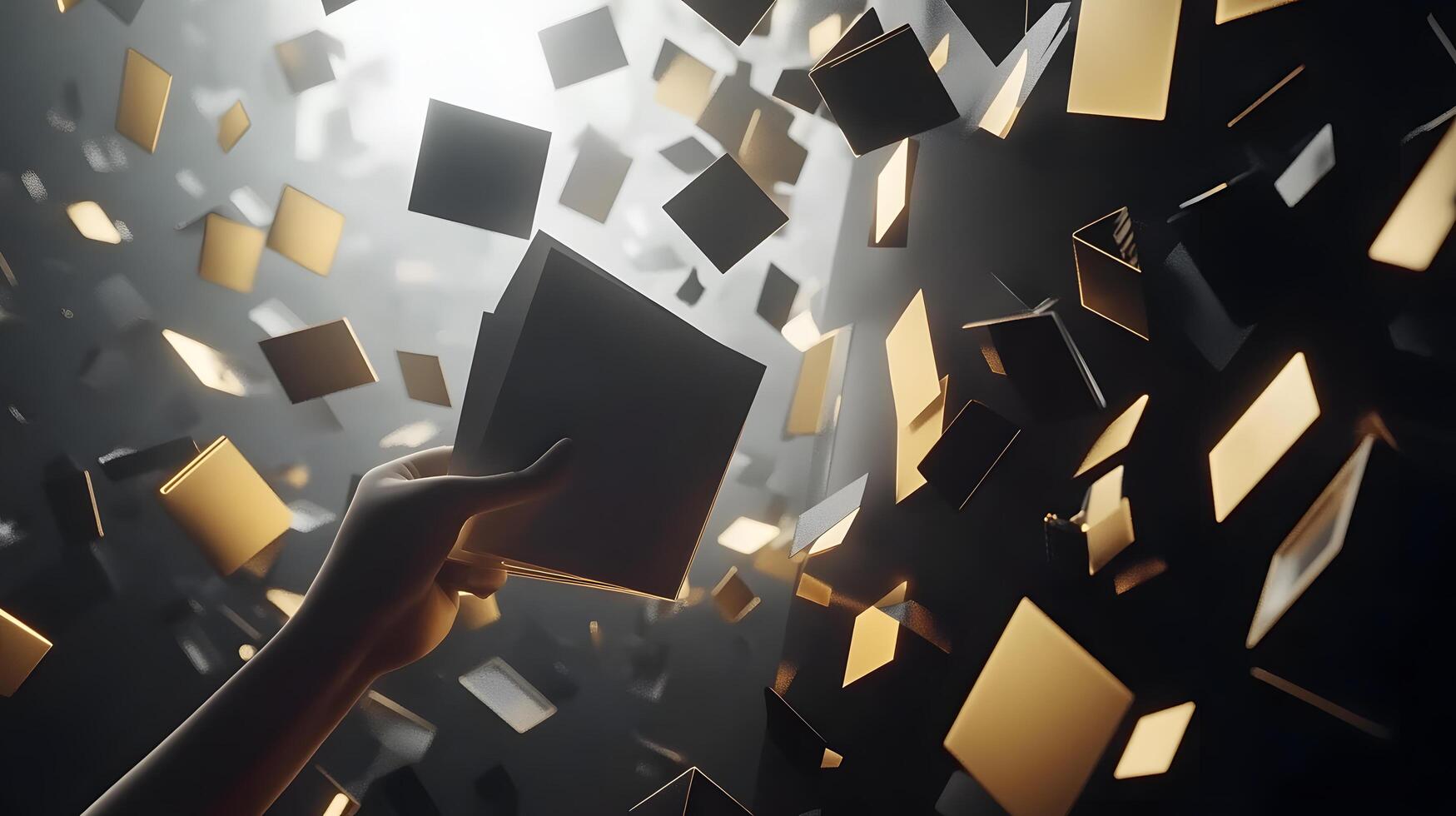 Elegant Black and Gold Squares in Dynamic Motion Held by a Hand, Abstract Design photo