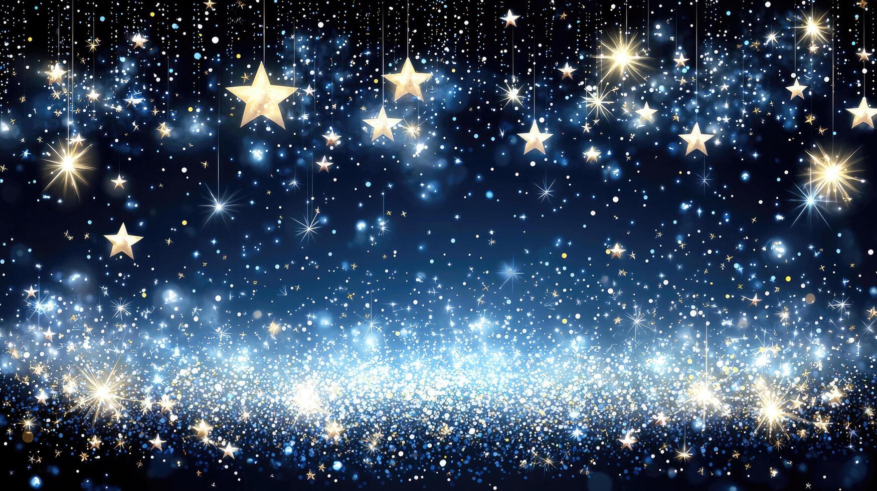 Elegant Celestial Night with Sparkling Stars, Glittering Light Effects, and Deep Blue Tones for Festive Backgrounds photo