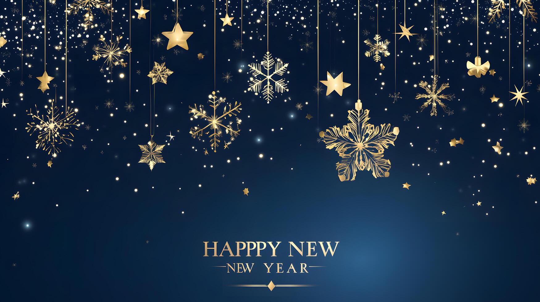 Elegant Golden Stars and Snowflakes on Deep Blue Background for Happy New Year Celebration Design. photo
