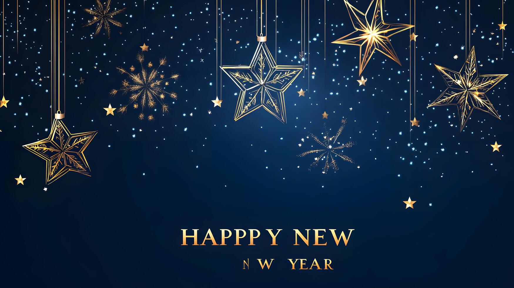 Elegant Happy New Year Festive Celebration with Golden Stars and Dark Blue Background photo