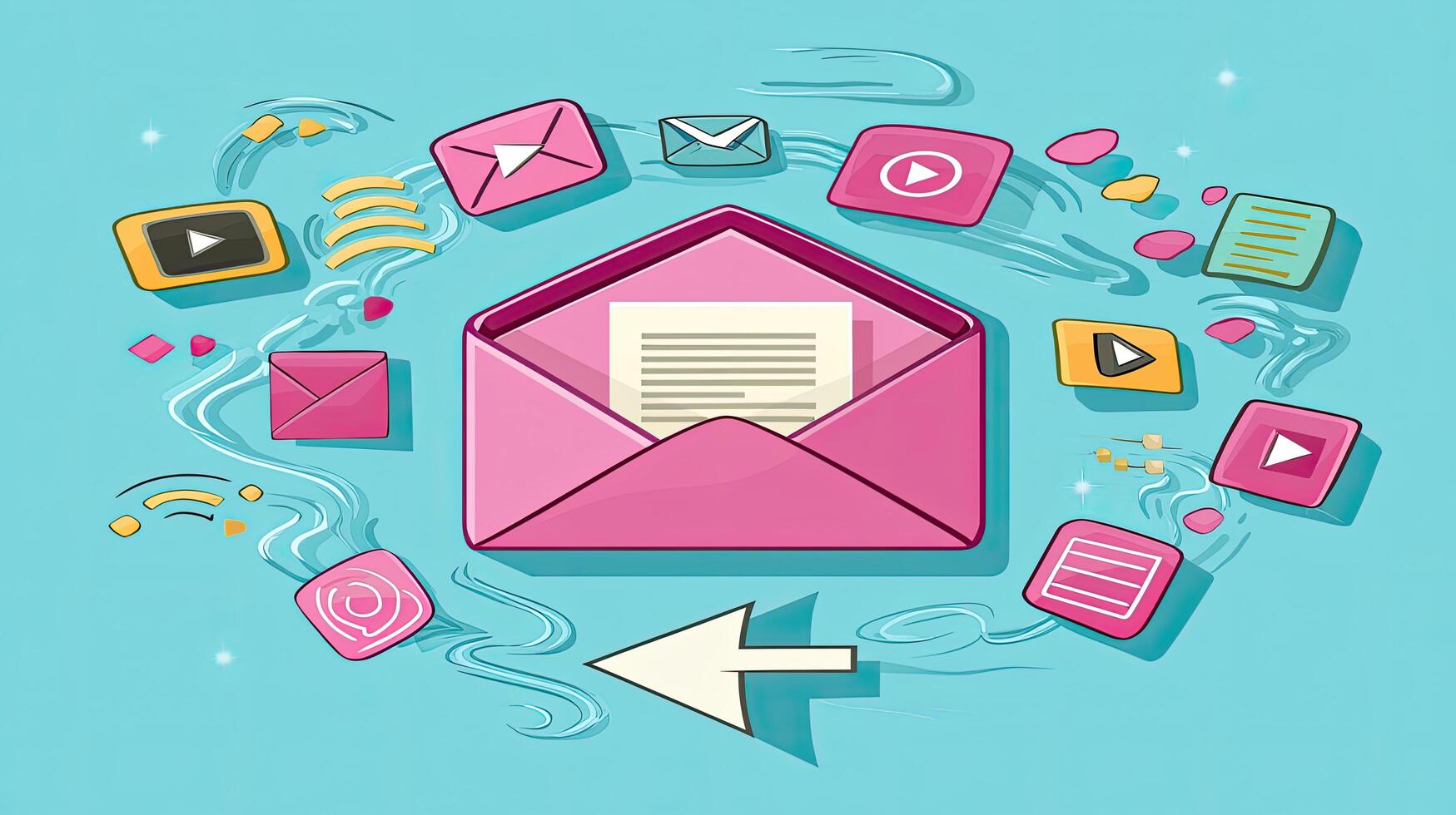 Email Marketing Cartoon Open Pink Envelope Surrounded by Social Media and Communication Icons on Blue Background photo